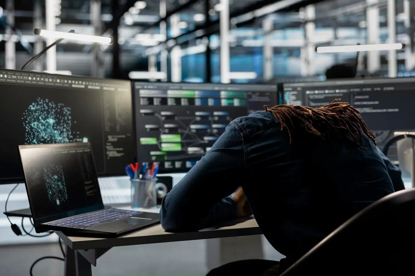 Измождённый инженер серверной фермы засыпает, глядя на график анализа данных.